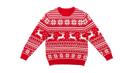 Red christmas sweater with white snowflake and reindeer pattern, isolated on transparent background