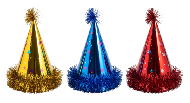 Three colorful party hats with tinsel trim and pompoms, isolated on transparent background