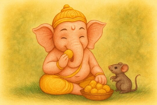 Cute Lord Ganesha Eating Modak with Mouse on Grass &ndash; Indian Mythology Cartoon Illustration