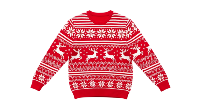 Red christmas sweater with white snowflake and reindeer pattern, isolated on transparent background - Powered by Adobe