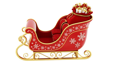 A festive red santa claus sleigh filled with gift boxes and bags, decorated with snowflakes and ornate gold trim, isolated on transparent background