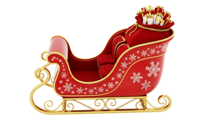 A festive red santa claus sleigh filled with gift boxes and bags, decorated with snowflakes and ornate gold trim, isolated on transparent background