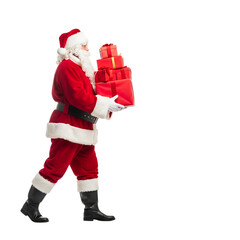 Santa claus walking with a stack of red gift boxes isolated on transparent background