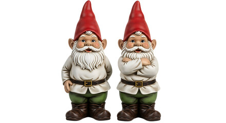 Two garden gnomes with red hats and white shirts, isolated on transparent background