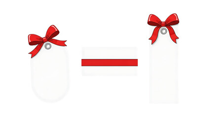 Three blank white gift tags with red bows, isolated on transparent background