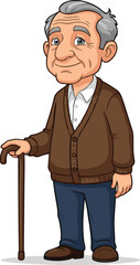 Cartoon elderly man with walking stick, wearing brown sweater and blue pants, vector illustration for senior character design and healthcare.