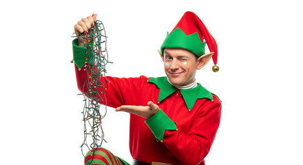 A cheerful man dressed as a christmas elf, wearing a red and green costume, winks and holds a string of festive fairy lights, isolated on transparent background