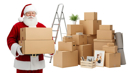 Santa claus carrying boxes, isolated on transparent background, with a ladder and a pile of moving boxes, representing christmas delivery and relocation services during the holiday season
