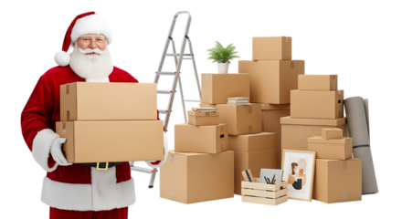 Santa claus carrying boxes, isolated on transparent background, with a ladder and a pile of moving boxes, representing christmas delivery and relocation services during the holiday season