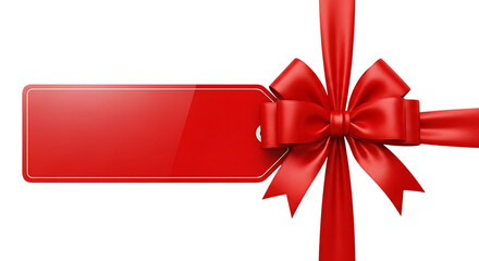 A vibrant red satin ribbon tied in a perfect bow with a blank rectangular tag, isolated on a transparent background, symbolizing celebration and gifting opportunities