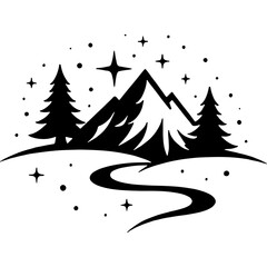 Fabulous night landscape in mountain valley. Engraving minimalistic vector in black ink drawing on transparent background