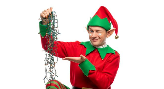 A cheerful man dressed as a christmas elf, wearing a red and green costume, winks and holds a string of festive fairy lights, isolated on transparent background