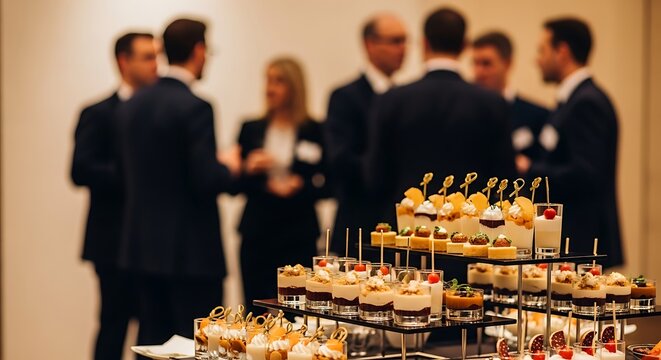 Business people networking at corporate event with delicious dessert bar