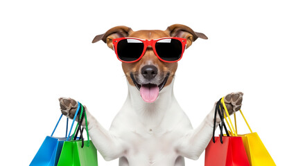 Happy jack russell terrier dog wearing sunglasses and holding shopping bags, isolated on transparent background
