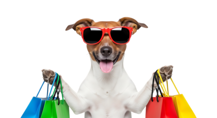 Happy jack russell terrier dog wearing sunglasses and holding shopping bags, isolated on transparent background
