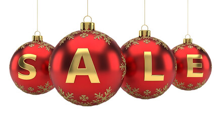 Four red christmas ornaments with gold lettering spelling out the word sale, isolated on transparent background