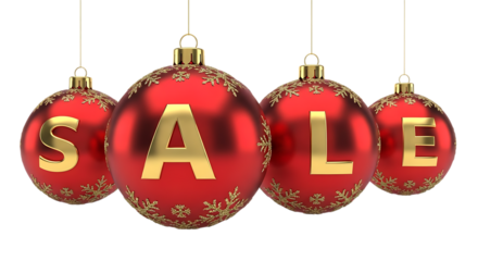Four red christmas ornaments with gold lettering spelling out the word sale, isolated on transparent background
