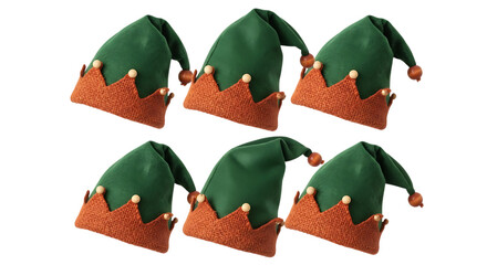 Six green elf hats with orange trim and pompoms, isolated on transparent background
