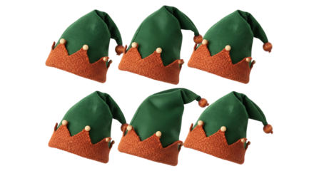 Six green elf hats with orange trim and pompoms, isolated on transparent background