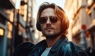 Young man listening to music in the city, with headphones on. This upbeat, fashionable image captures the essence of urban entertainment, ideal for promoting podcasts, radio shows, Generative AI