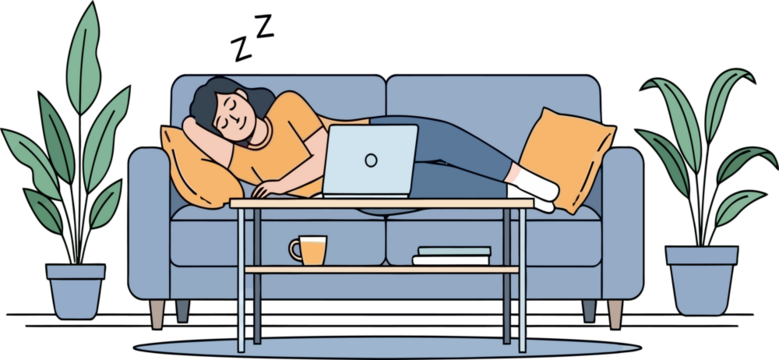 Woman sleeping on comfortable sofa at home with laptop and green plants