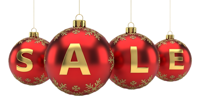 Four red christmas ornaments with gold lettering spelling out the word sale, isolated on transparent background - Powered by Adobe