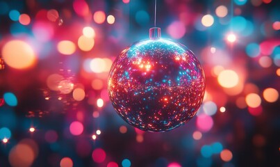 Disco ball and lighting in a nightclub setting for a 70s theme New Year party or celebration. The vibrant lights, bokeh effects, and retro aesthetic make this ideal for events, Generative AI