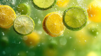 Fresh citrus slices, including lemons and limes, float in sparkling water, creating a vibrant and refreshing visual.