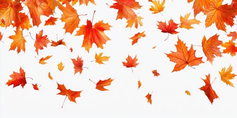 A colorful autumnal scene with falling maple leaves against a white background.