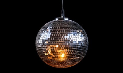 Disco ball and lighting in a nightclub setting for a 70s theme New Year party or celebration. The vibrant lights, bokeh effects, and retro aesthetic make this ideal for events, Generative AI