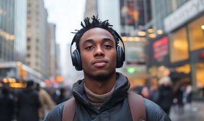 Young man listening to music in the city, with headphones on. This upbeat, fashionable image captures the essence of urban entertainment, ideal for promoting podcasts, radio shows, Generative AI