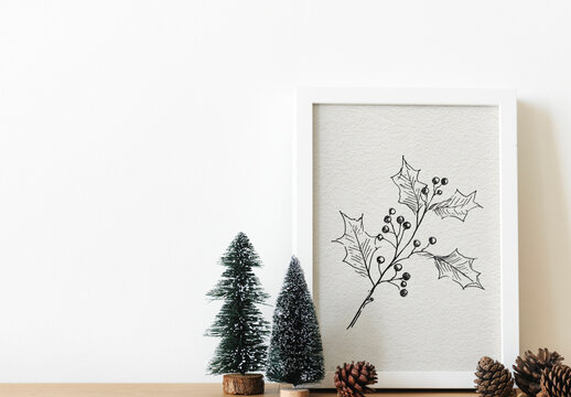 Minimalist Holiday Decor With Nature In Frame Mockup Psd