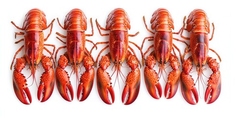 Five lobsters lined up in a row, facing the same direction, with a white background.