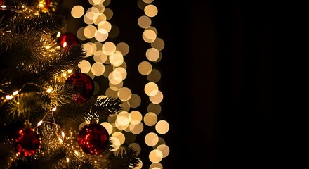 Christmas tree with ornaments and bokeh lights against dark background