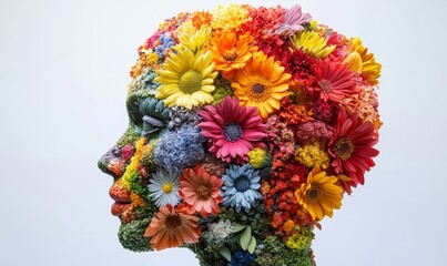 Flowers sculpted into the shape of a head, representing mental health awareness, creativity, and emotional well-being. The colorful floral design conveys themes of mindfulness, Generative AI