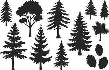 Cad drawing flat vector, tree silhouette set, pinecone illustration, forest nature outline, botanical design element, woodland graphic, ecology template, natural shapes