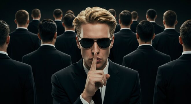 Elite Secrecy: A man in a suit wearing sunglasses, placing a finger over his lips as a sign of silence in a world of mystery and code, an elite group that watches you!