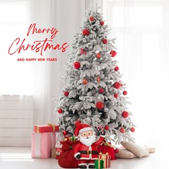Festive Christmas Tree with Santa Claus and Gifts, Wishing Merry Christmas and Happy New Year