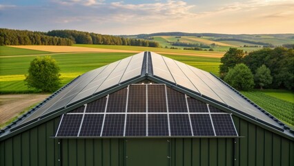 Obraz premium Sleek barn roof with solar panels overlooking lush green fields and trees under a vibrant sky.