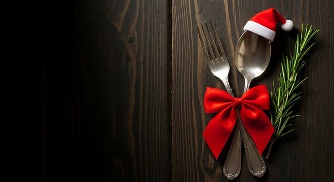 Festive holiday silverware arrangement with red ribbon and Santa hat - Powered by Adobe