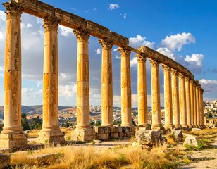 A row of weathered, tall columns arches across the scene under a blue sky dotted with clouds, leading to a distant cityscape