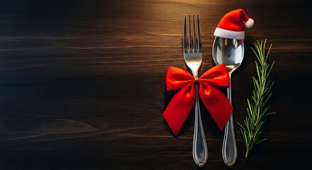 Christmas dinner place setting with red ribbon and Santa hat closeup