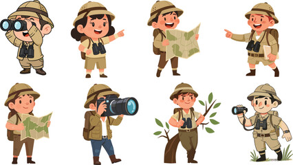 Cartoon Explorer Kids Vector Set with Binoculars, Map, Camera – Adventure Characters for Nature Observation, Travel, Education, and Exploration