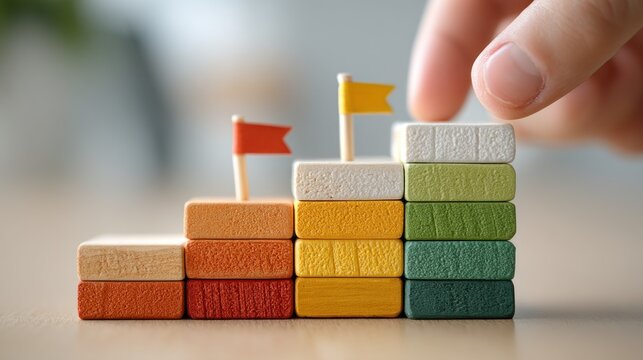 A hand adjusts colorful blocks with flags, symbolizing progress and achievement in a creative, playful setting.