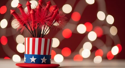 Festive uncle sam hat with red sparklers and bokeh lights for independence day celebration
