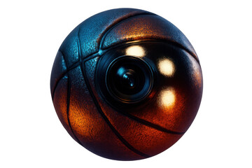 Futuristic basketball surveillance drone camera monitoring sports game, transparent background, recording performance