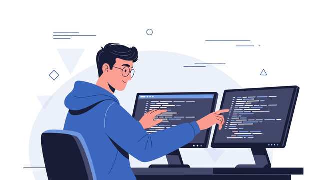 Software Developer Working On Code With Two Monitors, Programming and Coding Skills - Powered by Adobe