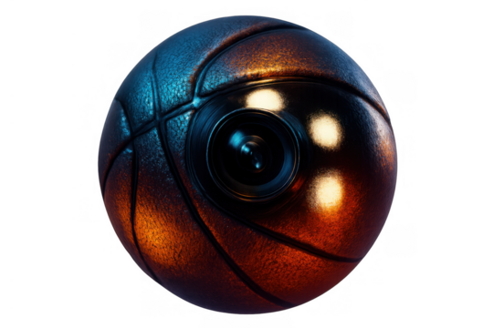 Futuristic basketball surveillance drone camera monitoring sports game, transparent background, recording performance