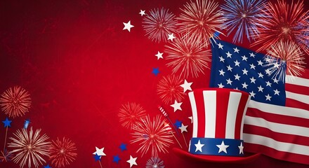 Patriotic celebration with american flag and uncle sam hat amidst fireworks