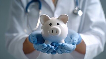 Medical Professional Holding White Piggy Bank with Blue Gloves in Healthcare Setting